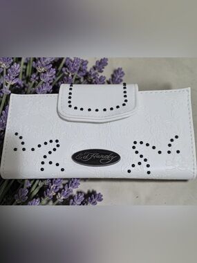 Ed Hardy White Wallet with Black Stud Accents